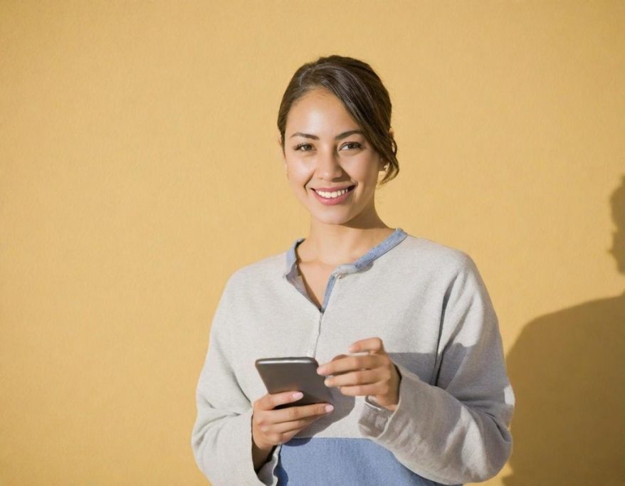 Junge Frau lächelt und hält ein Smartphone vor gelbem Hintergrund.