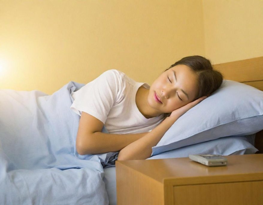 Junge Frau schläft friedlich im Bett, umgeben von Kissen und einer Decke.